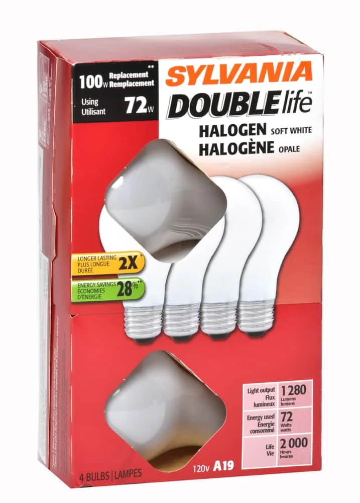 Sylvania A19 E26 Base Lamp Dimmable Halogen Light Bulbs 1280 Lumens, Soft White, 100W, 4-pk