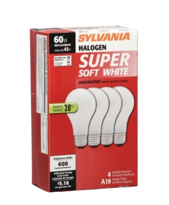 Sylvania A19 E26 Base Lamp Halogen Light Bulbs, 2750K, 600 Lumens, Soft White, 60W, 4-pk