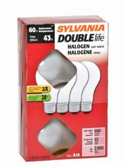 Sylvania A19 E26 Base Lamp Dimmable Halogen Light Bulbs, 680 Lumens, Soft White, 60W, 4-pk