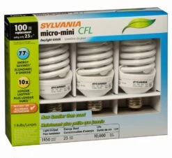Sylvania Micro-Mini Fluorescent CFL Non-Dimmable Light Bulbs, Daylight, 100W, 3-pk