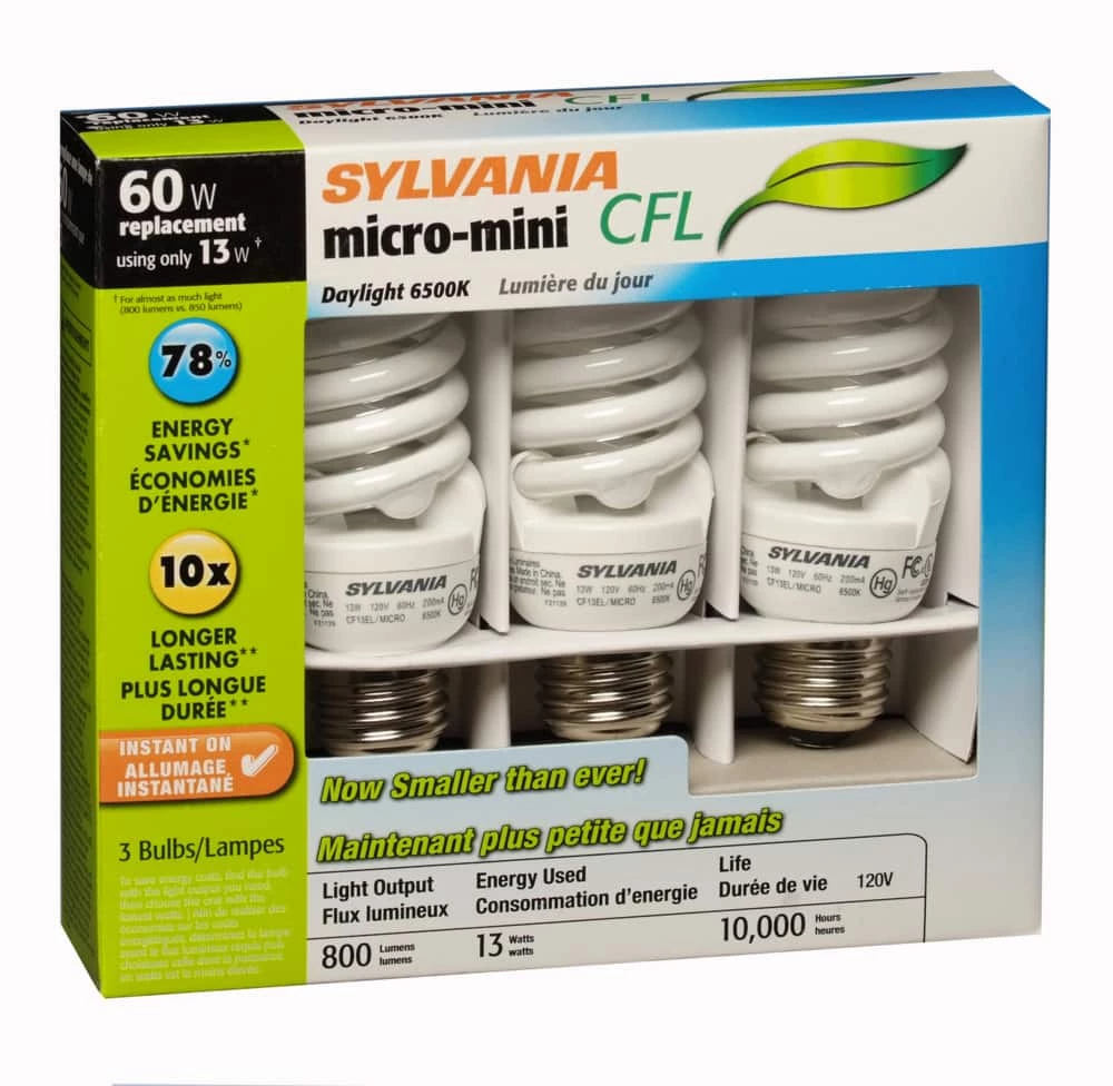 Sylvania Micro-Mini Non-Dimmable Light Bulbs, 6500K, 800 Lumens, Daylight, 60W, 3-pk