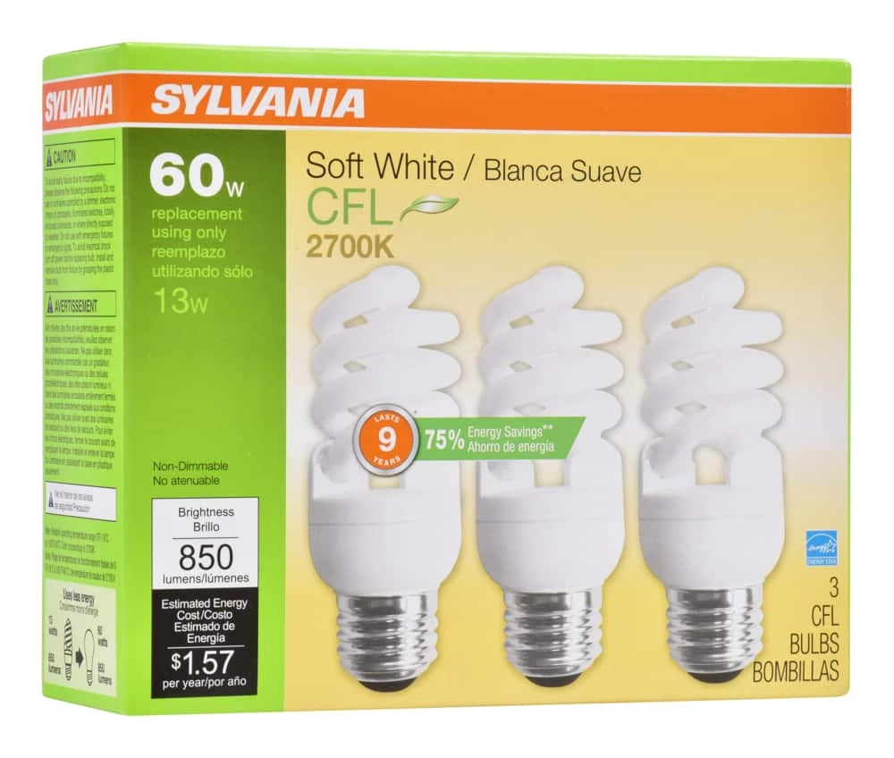 Sylvania Fluorescent Non-Dimmable Light Bulbs, 2700K, 850 Lumens, Soft White, 60W, 3-pk